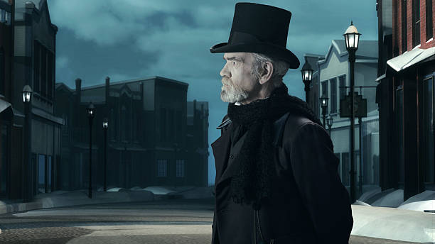 Dickens Scrooge Man in Old Winter Street. Side View. stock photo