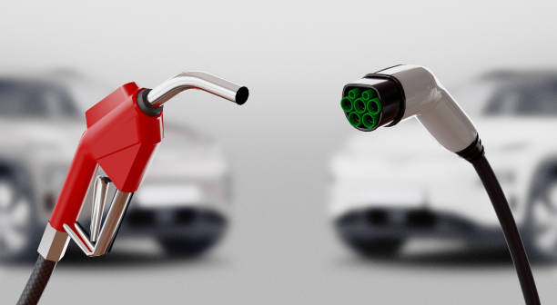 Diesel versus electric. Gas or electric station. 3d rendering stock photo
