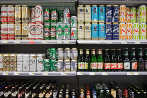 Different ales in a market stock photo