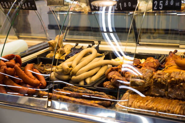 Different Chinese sausages and cooked meat selling in Beijing  supermarket stock photo