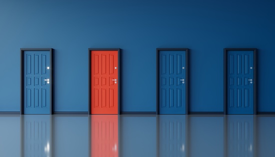 Different red door between the dark blue colored doors. ( 3d render )