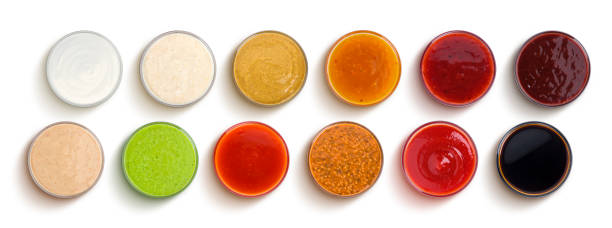 Different sauces isolated on white background, top view Set of different sauces isolated on white background, top view sauce stock pictures, royalty-free photos & images