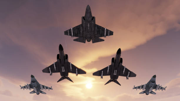 Different types of american jet fighters flying above camera 3d render stock photo