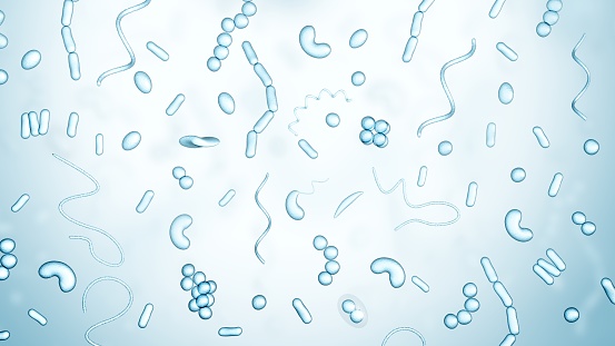 Different types of bacteria on a light background. Shapes. Blue color. 3d illustration.