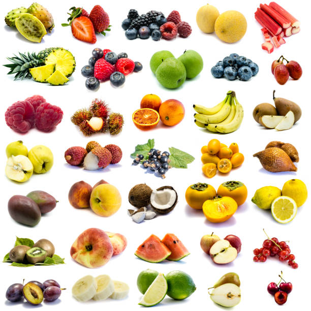 olika typer av frukt i collage isolerade på vit bakgrund - rabarber on white bildbanksfoton och bilder