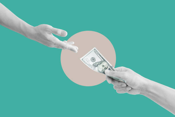 Digital collage modern art. Hand giving and receiving cash stock photo
