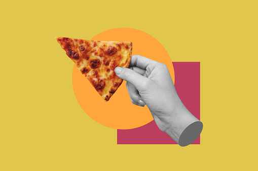 Digital collage modern art. Hand holding slice of cheese pizza