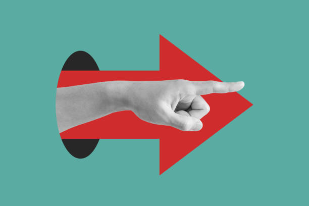 Digital collage modern art. Hand pointing finger, with red arrow stock photo