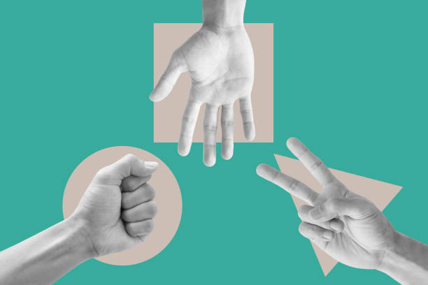 Digital collage modern art. Rock, Scissor and paper hand sign, with conflict geometry stock photo