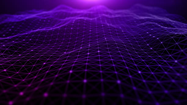 dunia maya digital futuristik, gelombang partikel warna ungu mengalir dengan garis dan titik koneksi, jaringan teknologi latar belakang abstrak . rendering 3d - ungu potret stok, foto, & gambar bebas royalti