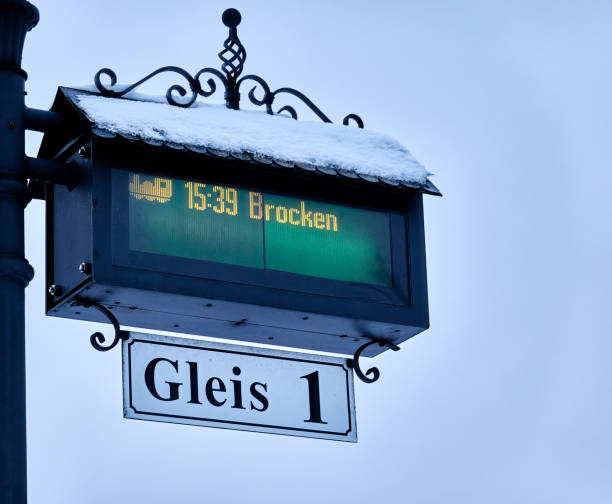 Digital display on the historic track board of the narrow-gauge railroad with the departure time to the Brocken, the highest mountain in northern Germany stock photo