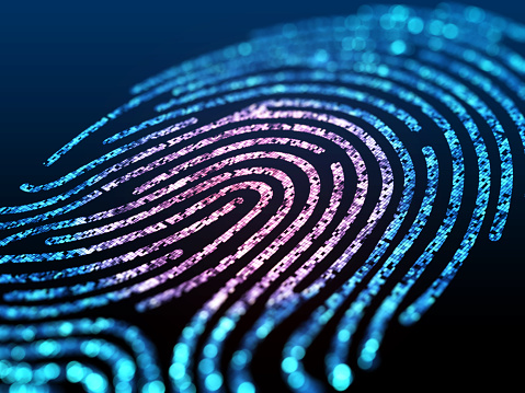 Digital fingerprint on a black background close up. 3d illustration.