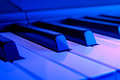 istock Digital piano keyboard in dark blueish color 1366833276