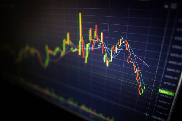 Digital screen with financial trading chart and cryptocurrency price trend. stock photo