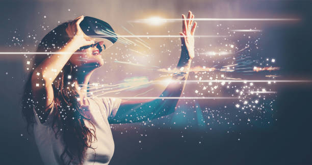 Digital Screen with young woman with VR Digital Screen with young woman using a virtual reality headset vr stock pictures, royalty-free photos & images