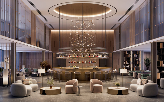 Digitally generated image of the luxurious hotel lobby. Interior of a beautifully decorated hotel waiting lounge with small tables and arms chairs with bar coutner at back.