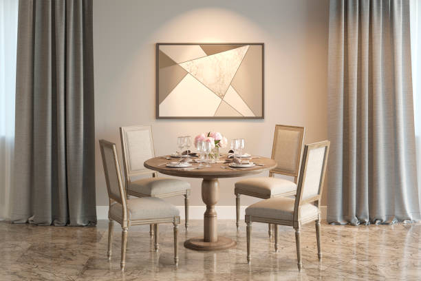 matsal med marmorgolv och två fönster med gardiner, med en bild och ett bord serveras för fyra. vy framifrån. - dining room bildbanksfoton och bilder
