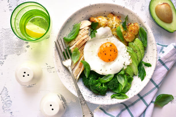 Dinner bowl with meat,fried egg and vegetables stock photo