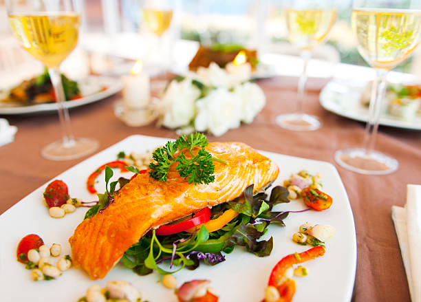 Dinner Salmon with wine. seafood stock pictures, royalty-free photos & images