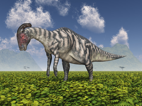 Computer generated 3D illustration with the dinosaur Parasaurolophus in a landscape
