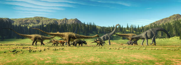 Dinosaurs on the valley . This is a 3d render illustration . stock photo