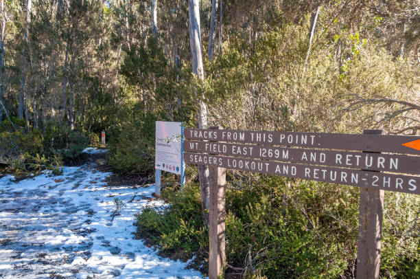 Direction sign with direction to tracks of Central Highlands park stock photo
