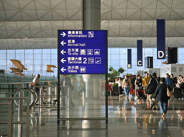 Directional Sign Inside Airport Terminal stock photo