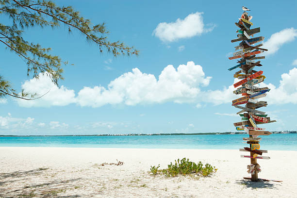 directional signs on stocking island - strandbordjes stockfoto's en -beelden