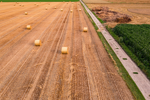A field with hay bales and a dirt road that extends to the horizon from above