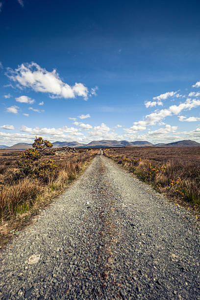 Dirt Road heading the Mountains Country road in the middle of the countryside in Ireland. connemara stock pictures, royalty-free photos & images