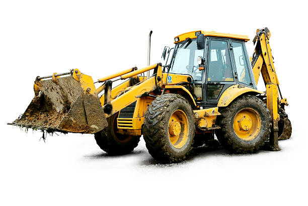 Dirt-filled, yellow excavator on white background stock photo