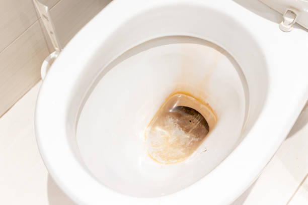Dirty unhygienic toilet bowl with limescale stain at public restroom close up stock photo