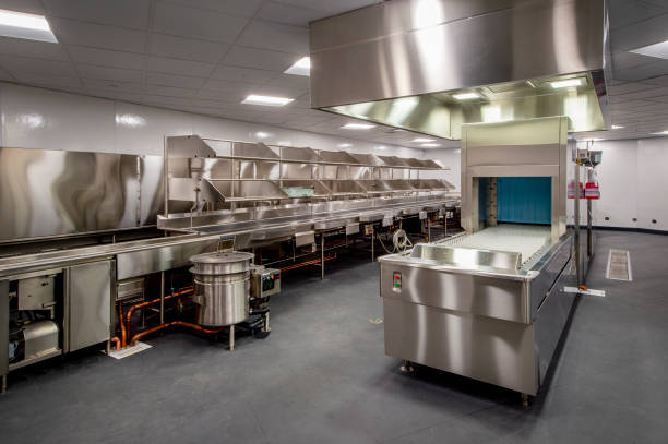 Dishwashing for Commercial Kitchen Large commercial kitchen dishwashing installation. INDUSTRIAL KITCHEN CLEANING stock pictures, royalty-free photos & images