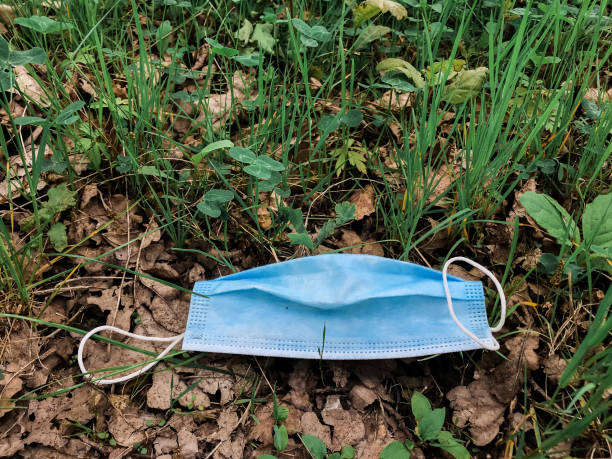 Disposable dirty face mask on ground, single use plastic trash on grass. Coronavirus plastic waste environmental pollution. How to dispose used medical masks right after coronavirus pandemic. stock photo