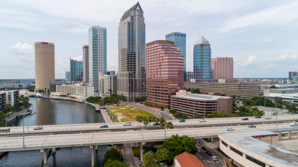 Distant aerial view of Downtown Tampa Skyline from Convention Center, over the Hillsborough River and Platt Street Bridge. stock photo
