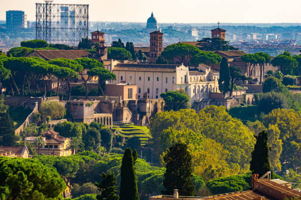 Distant view at Basilica Santi Bonifacio e Alessio on Aventine hill in Rome, Italy stock photo