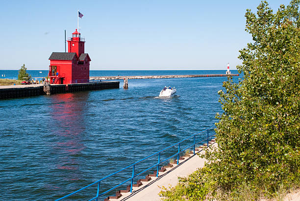 Distant View Big Red Lighthouse Holland Michigan stock photo