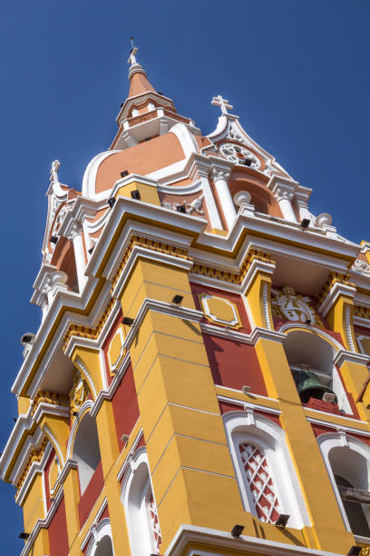 Distinctive and colourful tower of Cartegena's Cathedral Basilica, Colombia stock photo