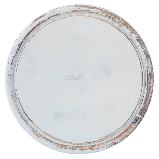 distressed, worn, weathered, old, white-painted circular wooden panel abstract background. - wooden sign board against white imagens e fotografias de stock