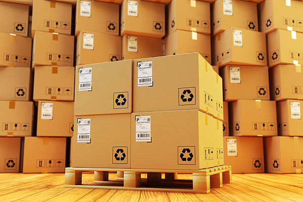 Distribution warehouse, package shipment, freight transportation and delivery concept stock photo