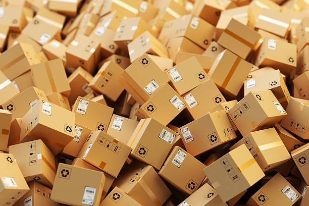Distribution warehouse, package shipping, freight transportation, logistics and delivery concept stock photo