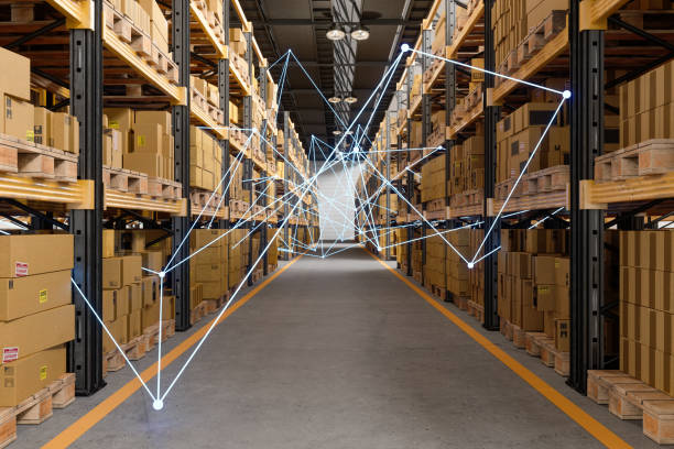 Distrubution Warehouse With Plexus. Remote Control With Mobile App And Technology Devices. stock photo