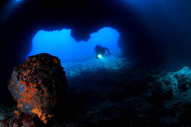 Diver in underwater cave Silhouette of  diver in opening of cave... deep sea diving stock pictures, royalty-free photos & images