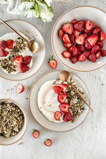 Smoothie bowl with granola and strawberries, Quebec, Canada