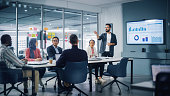 istock Diverse Modern Office: Businessman Leads Business Meeting with Managers, Talks, uses Presentation TV with Statistics, Infographics. Digital Entrepreneurs Work on e-Commerce Project. 1363104923