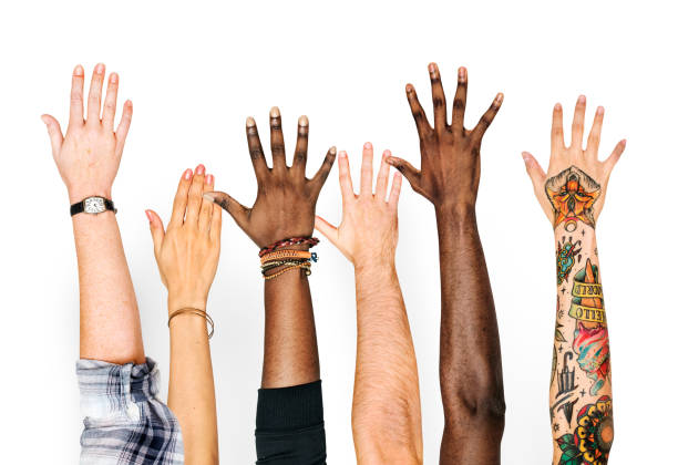 Diversity hands raised up gesture Diversity hands raised up gesture tattooed stock pictures, royalty-free photos & images