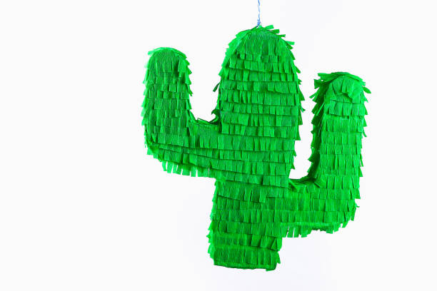 Diy cinco de mayo Mexican Pinata Cactus made cardboard, crepe paper your own hands blue background stock photo