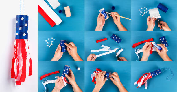 Diy windsocks 4th of July toilet sleeve crepe paper colors American flag, red, blue, white. collage stock photo