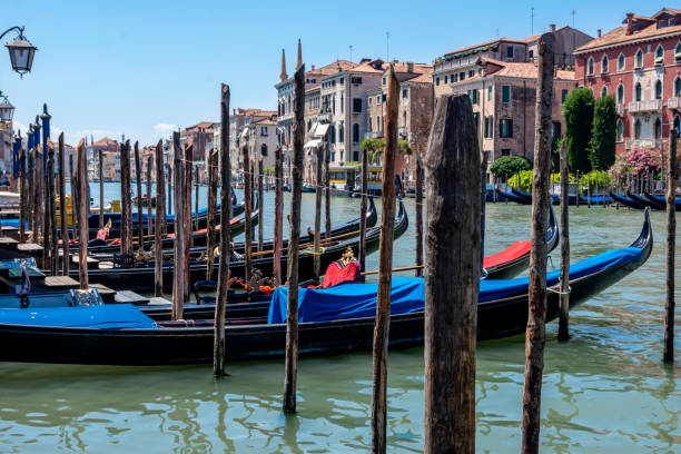 Docked gondolas in Venice, Italy stock photo