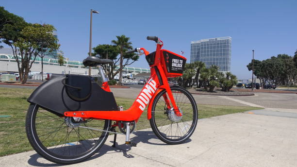 Dockless electric JUMP bike from Uber ready for rent in San Diego stock photo